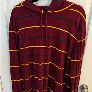 Polo by Ralph Lauren Men's Burgundy Hoodie with Yellow and Navy Stripes